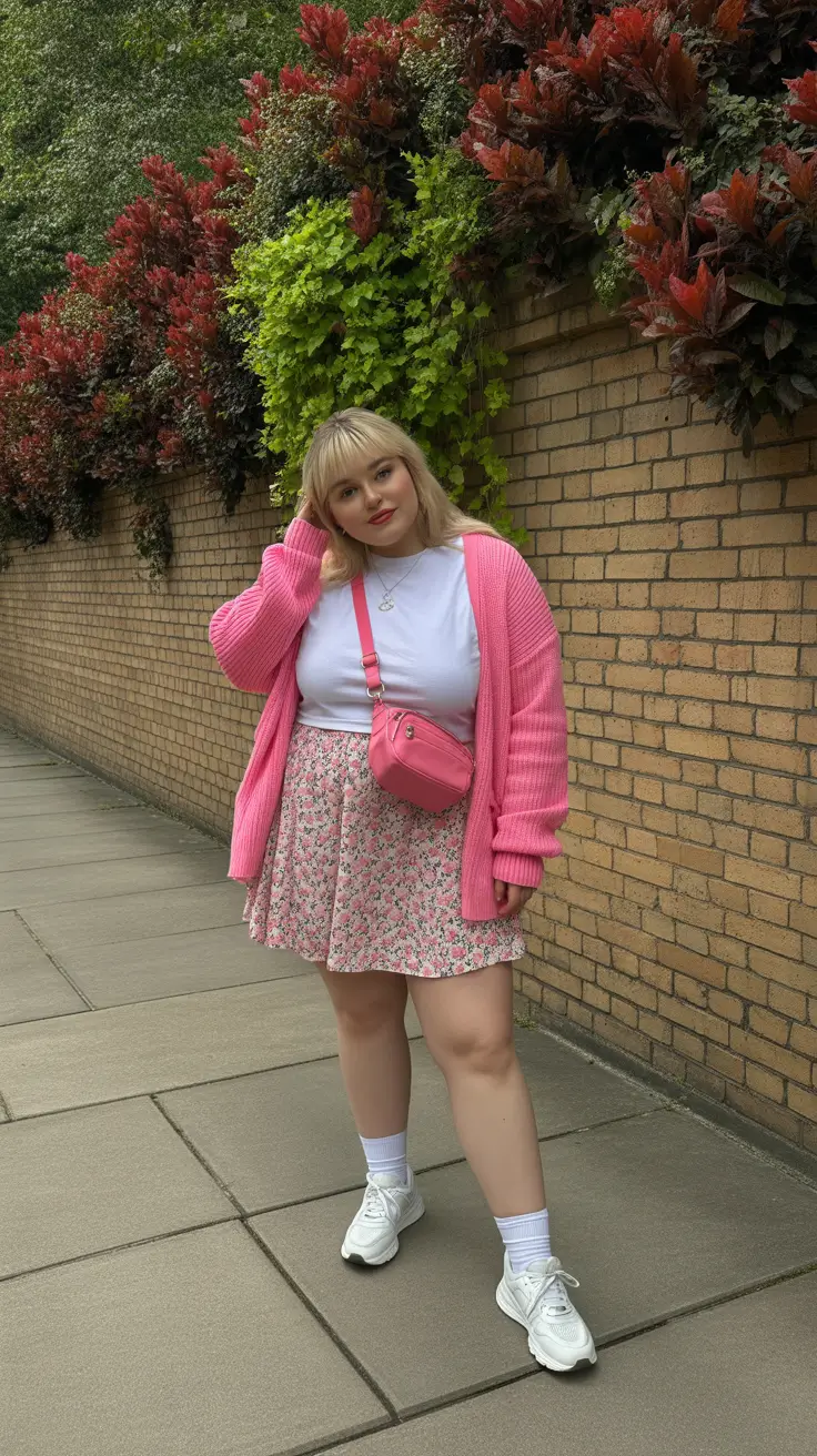 Soft pink cardigan with floral skirt and white tee