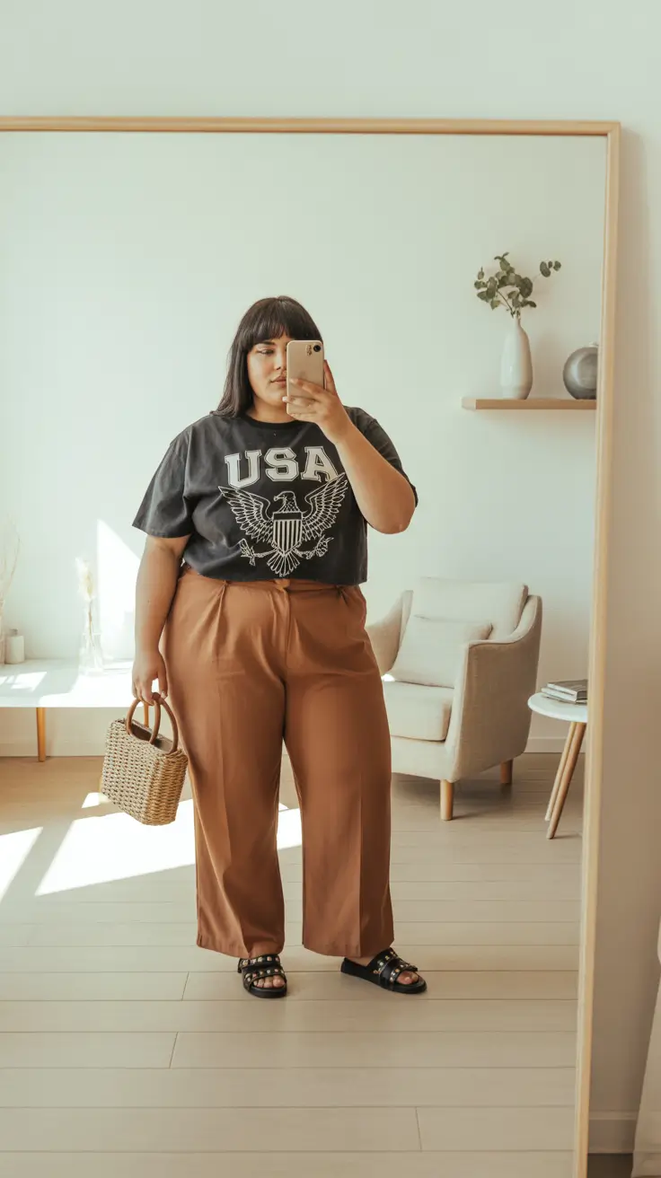 Graphic t-shirt with tailored trousers and woven bag