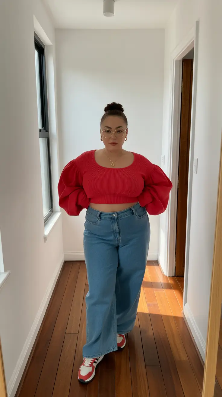 Red sweater with voluminous sleeves and wide-leg jeans