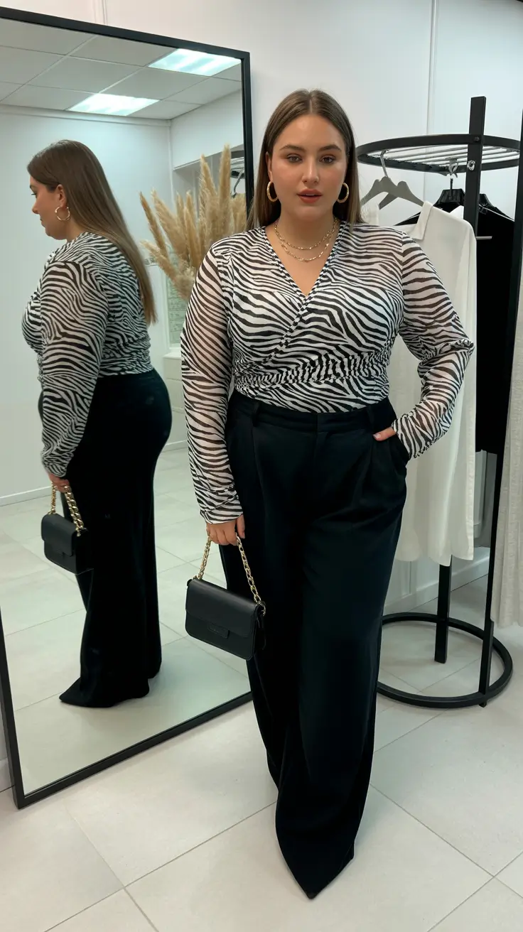 Zebra print wrap top with black trousers