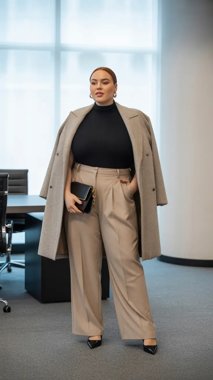 Black mock-neck top with beige trousers and coat