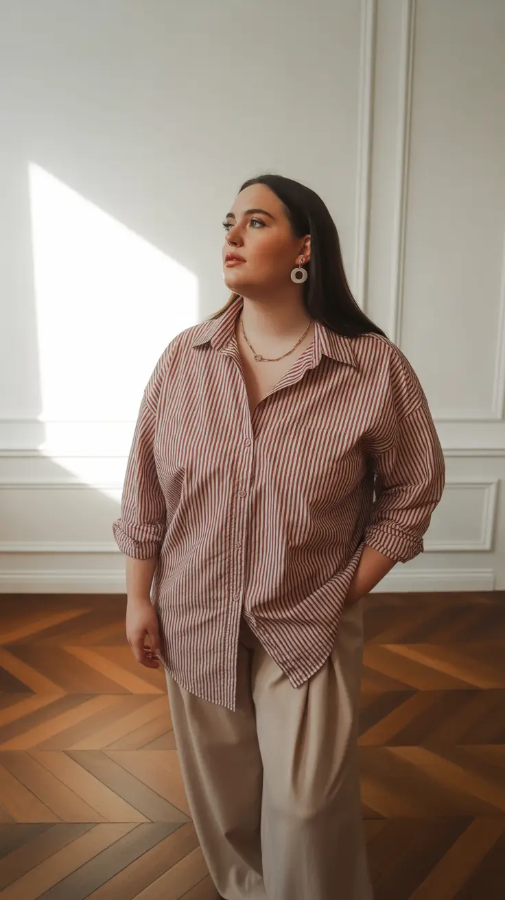 Striped button-down shirt with wide-leg trousers