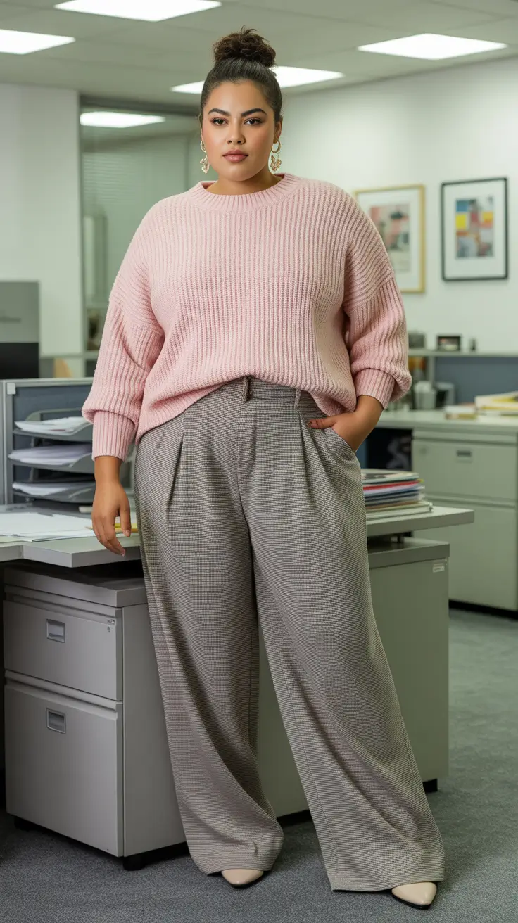 Blush pink sweater with grey trousers