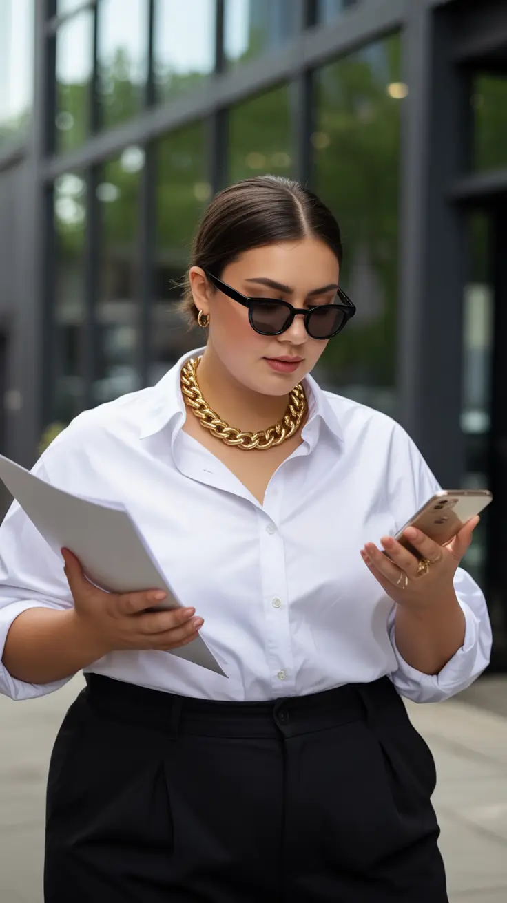 White shirt with black trousers and gold chain