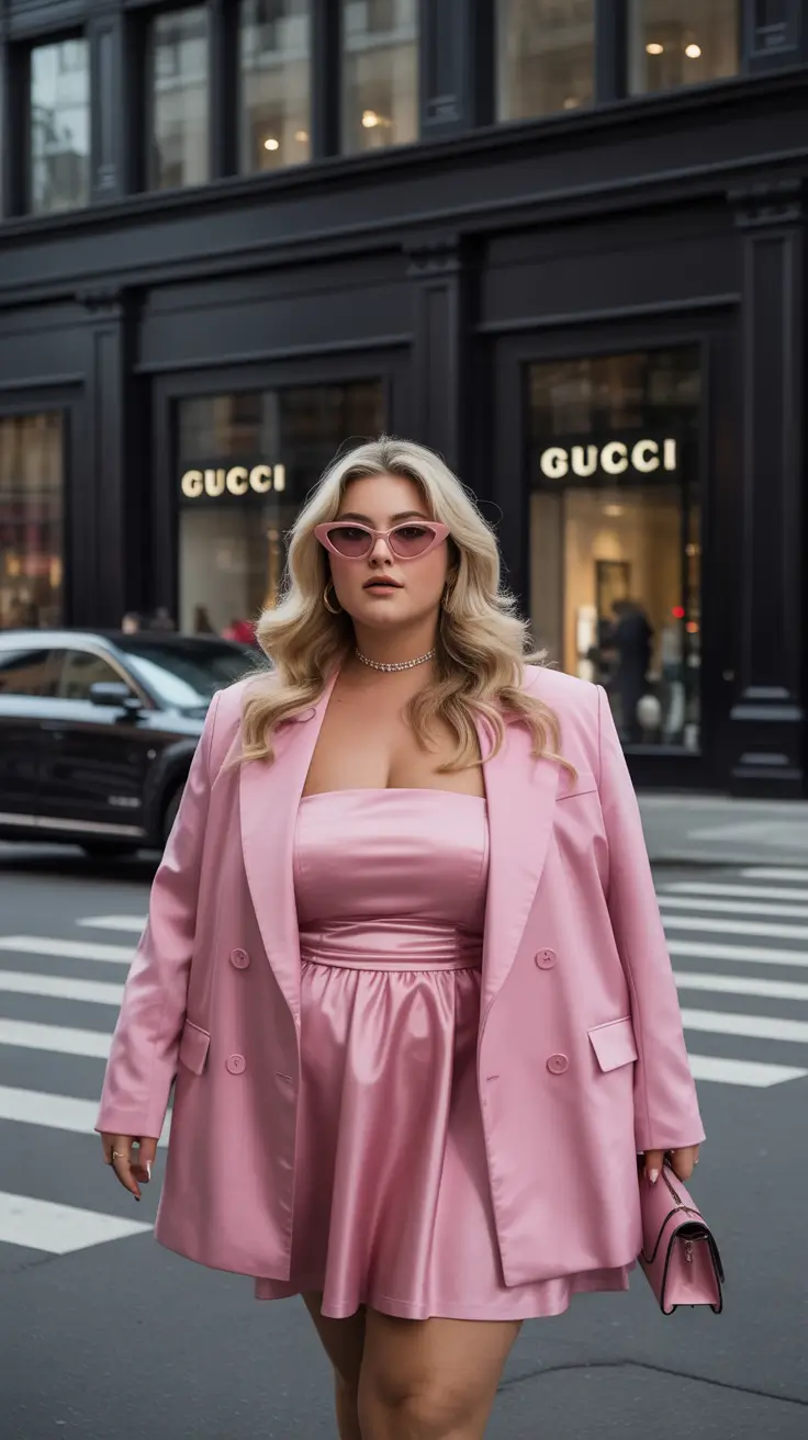 Rosy satin dress with matching blazer