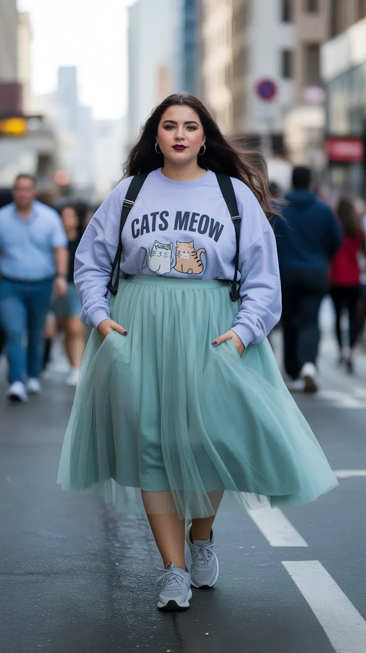 Graphic sweatshirt with pastel tulle skirt and sneakers