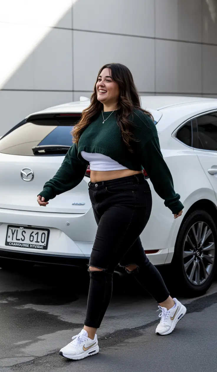 Dark green cropped sweater with black jeans and white sneakers