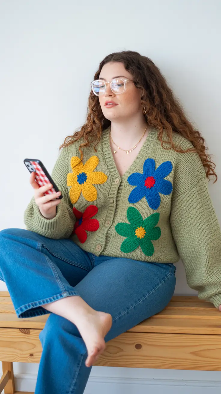 Floral knitted cardigan with denim
