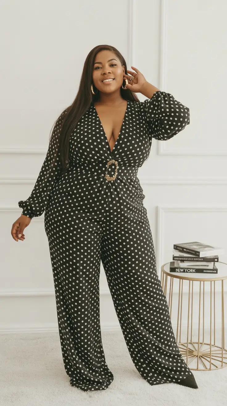 Polka-dot jumpsuit with deep V-neck