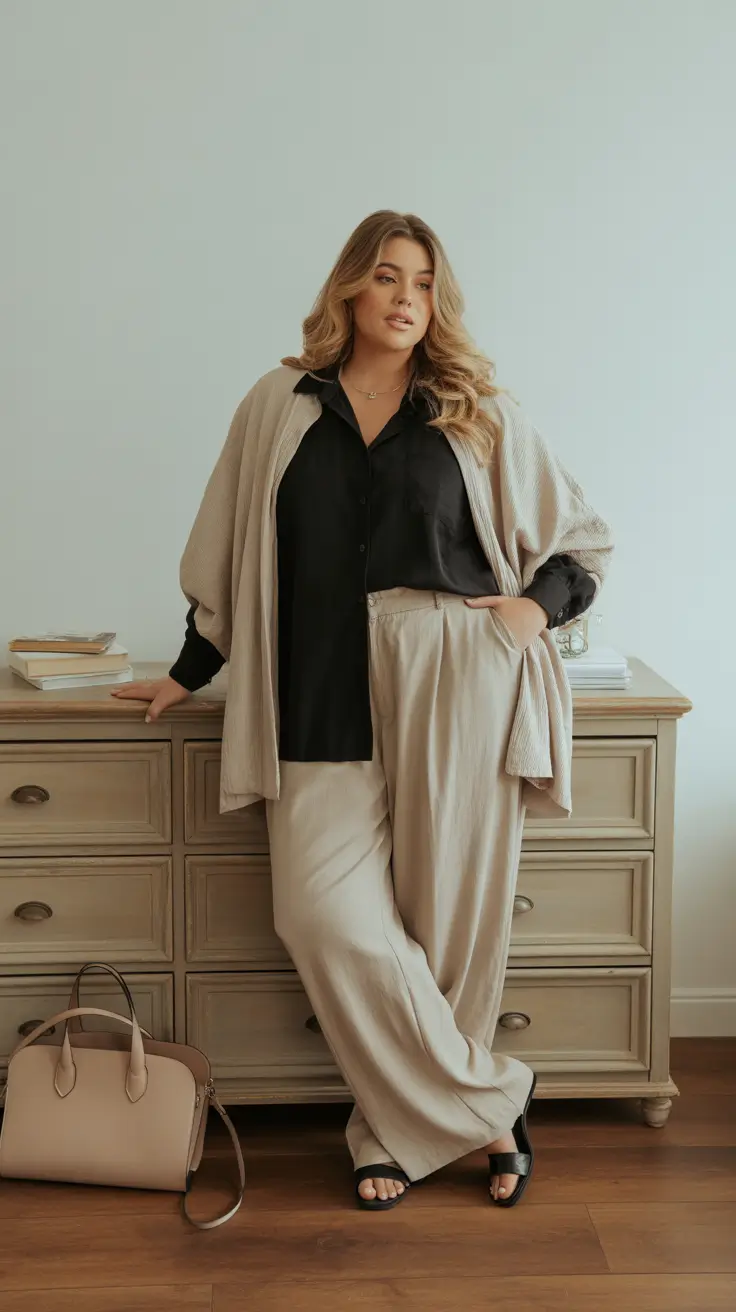 Wide-leg trousers with cardigan and dark button-down shirt