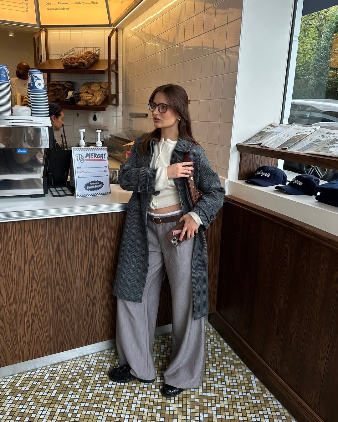 Herringbone coat with wide-leg trousers