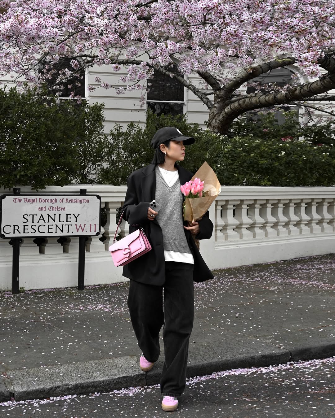 Blazer, sweater vest, and wide-leg pants