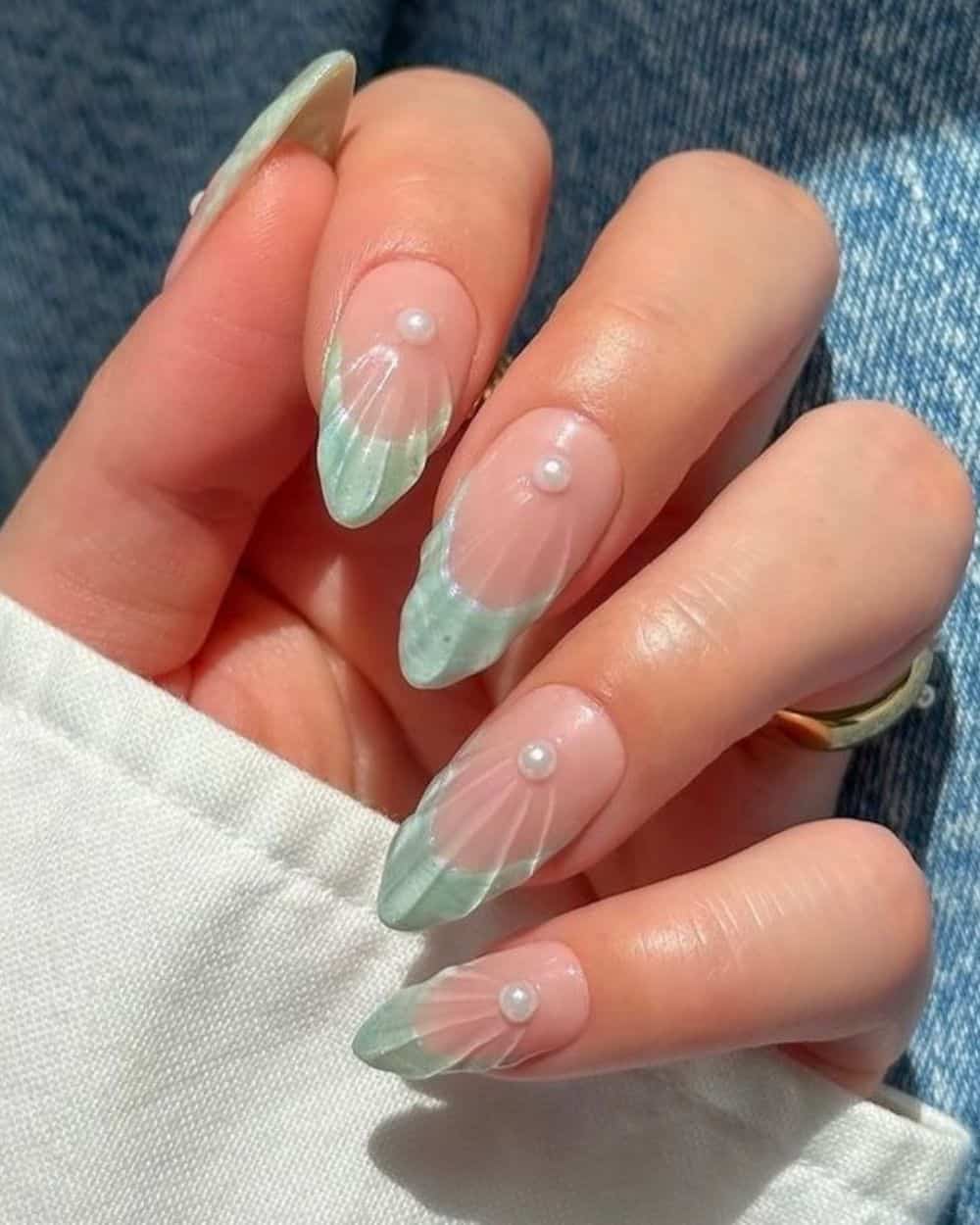 Sage green tips with seashell texture and pearls