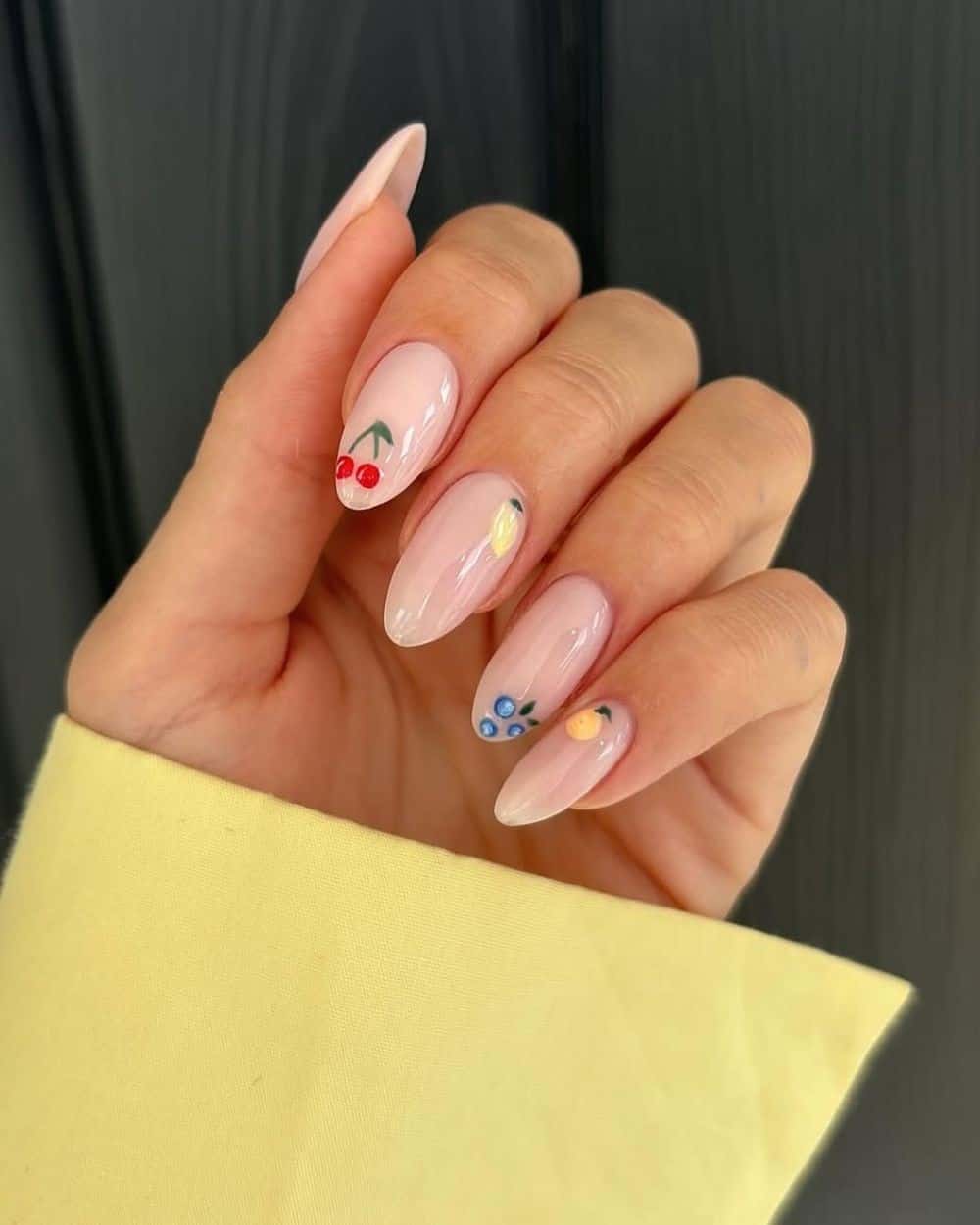 Summer fruit nail art on a neutral base