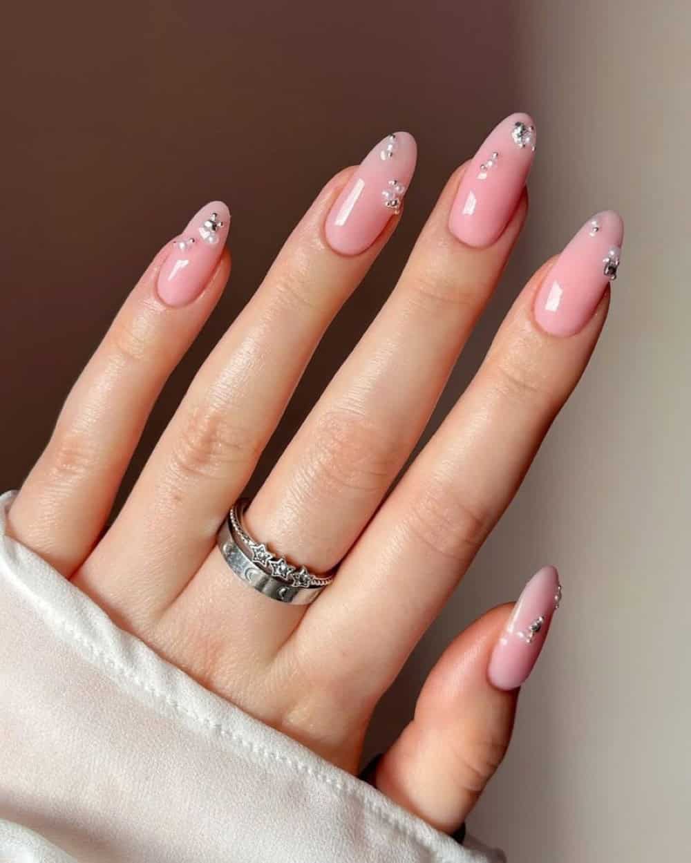 Ballet pink nails with pearls and silver beads