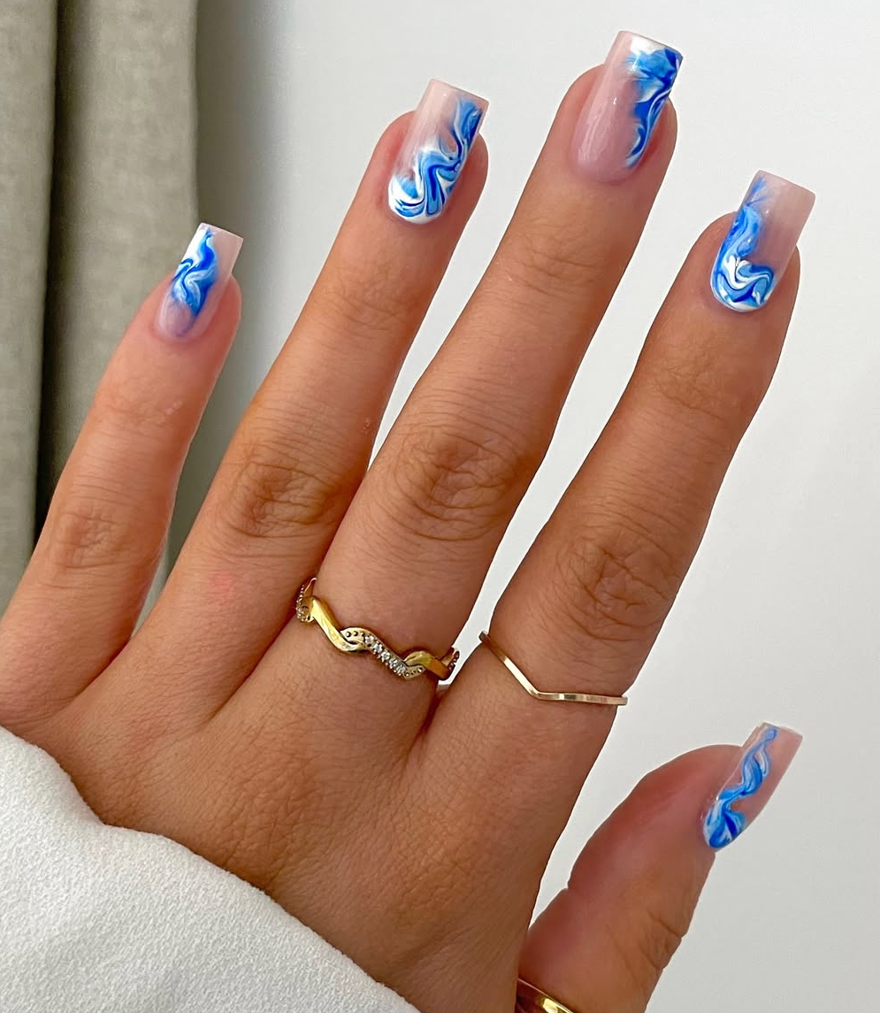 Azure Swirl Marble French Nails