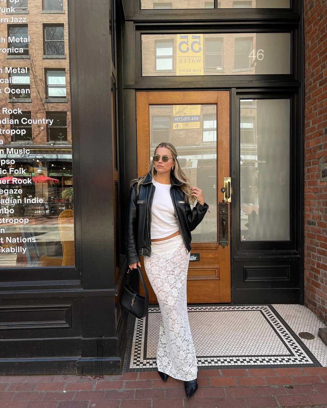 Leather jacket with a lace maxi skirt