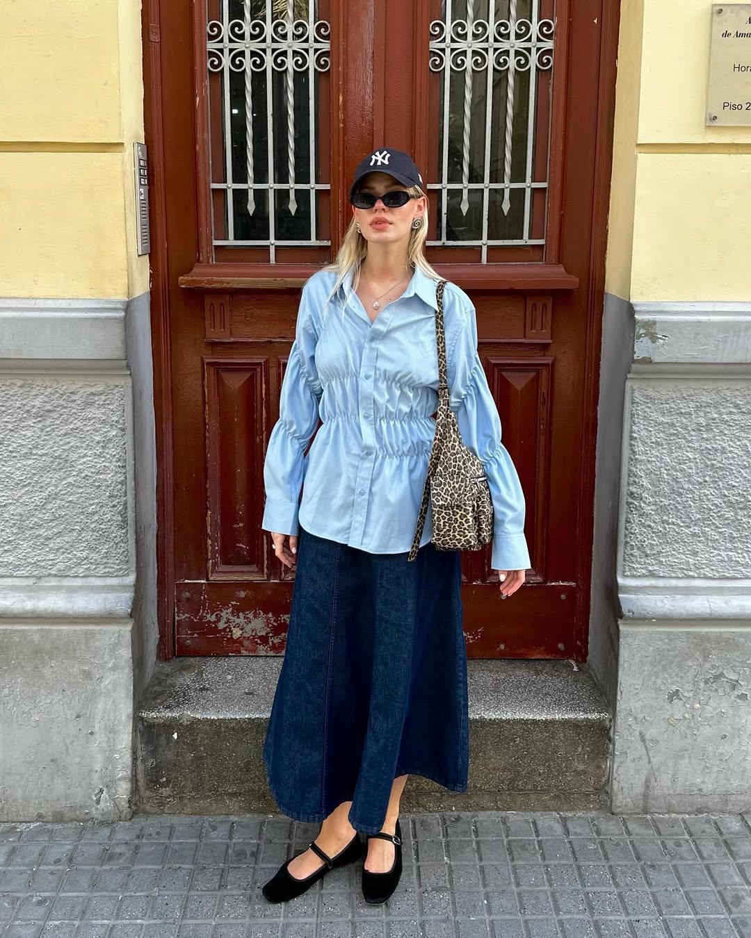 Blue shirt with a denim midi skirt