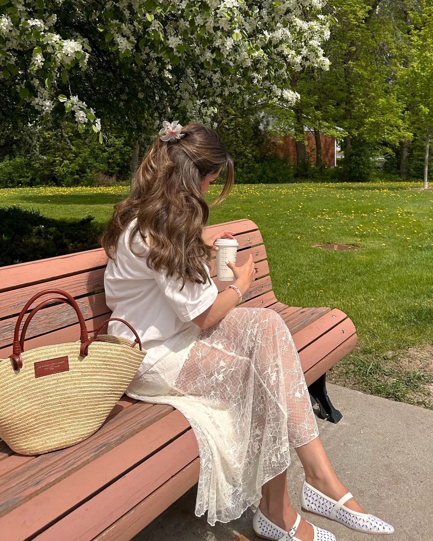 White t-shirt with a lace maxi skirt
