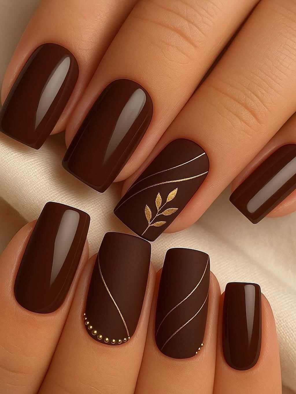 Chocolate Minimal Luxe nails with gold accents
