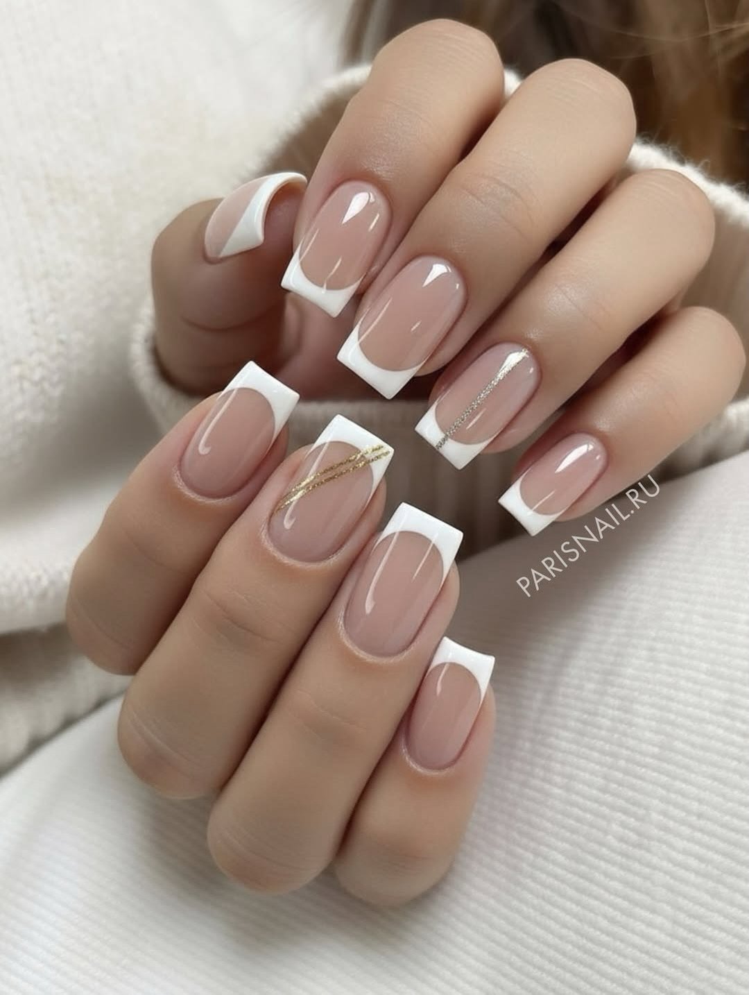 French manicure with subtle gold line details