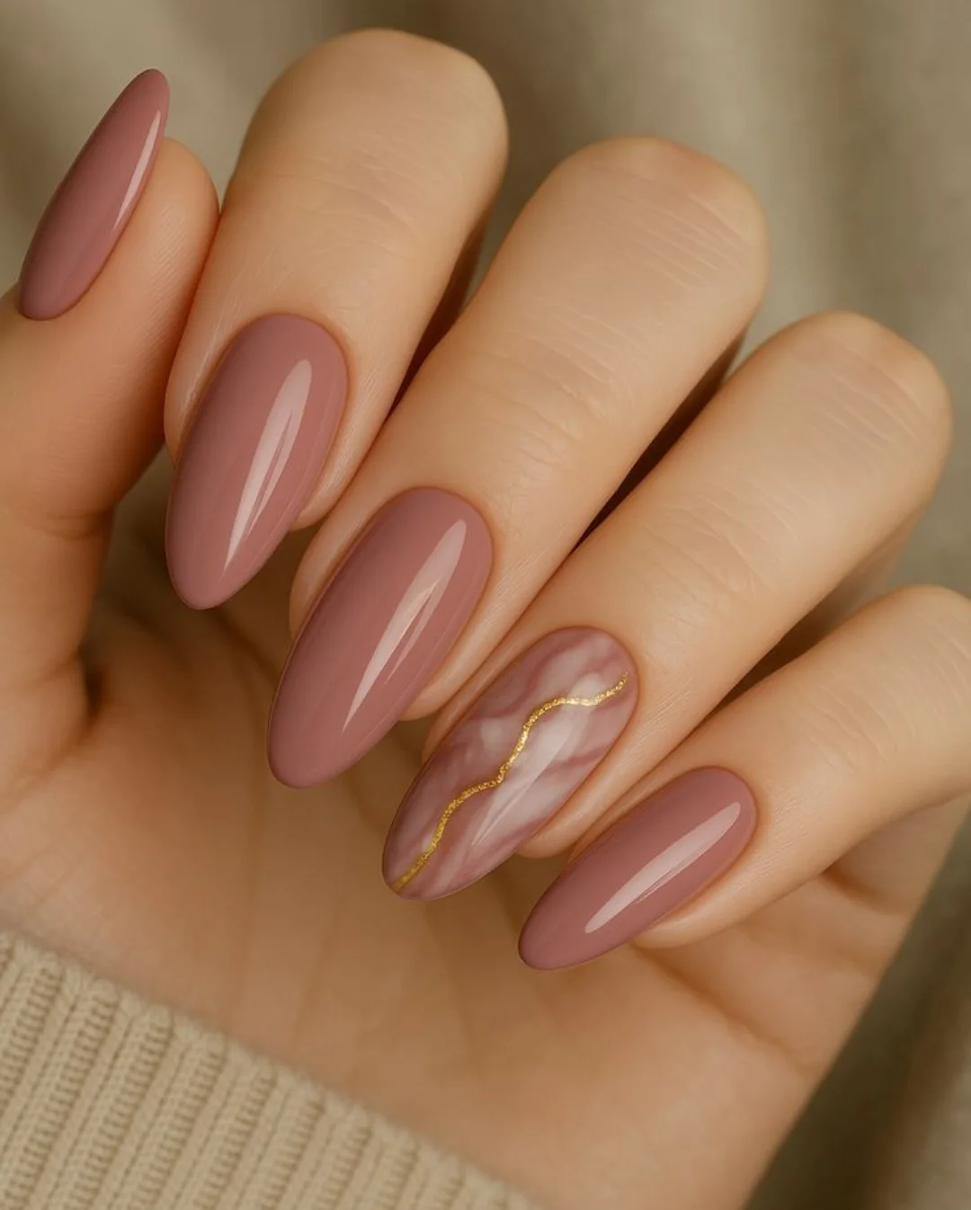 Soft mauve nails with a marble accent and gold details