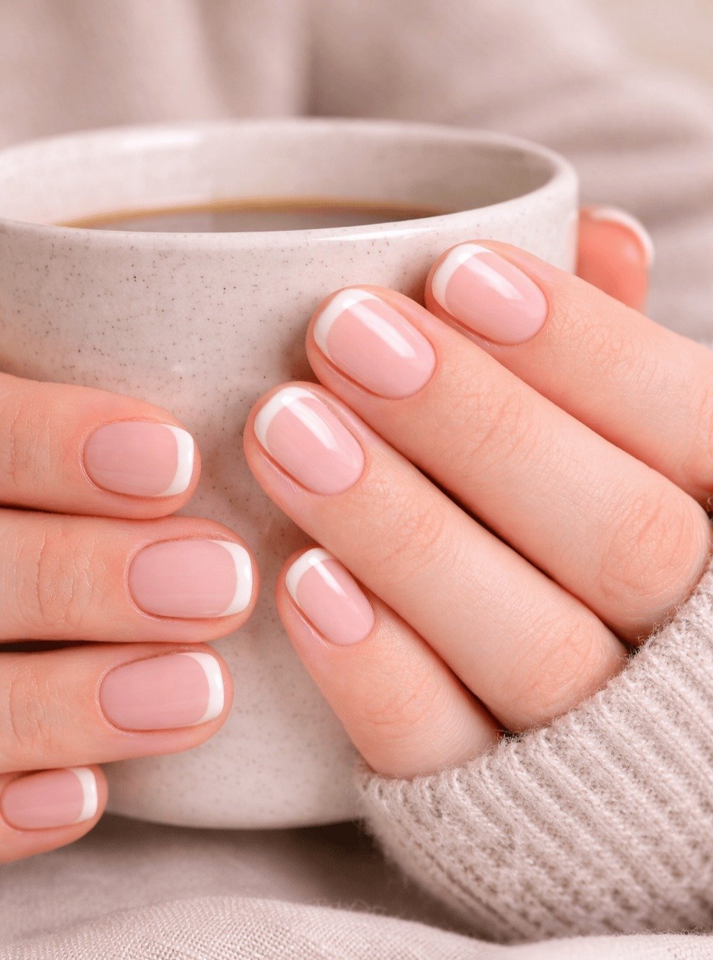 Short, glossy nails with extremely thin French tips